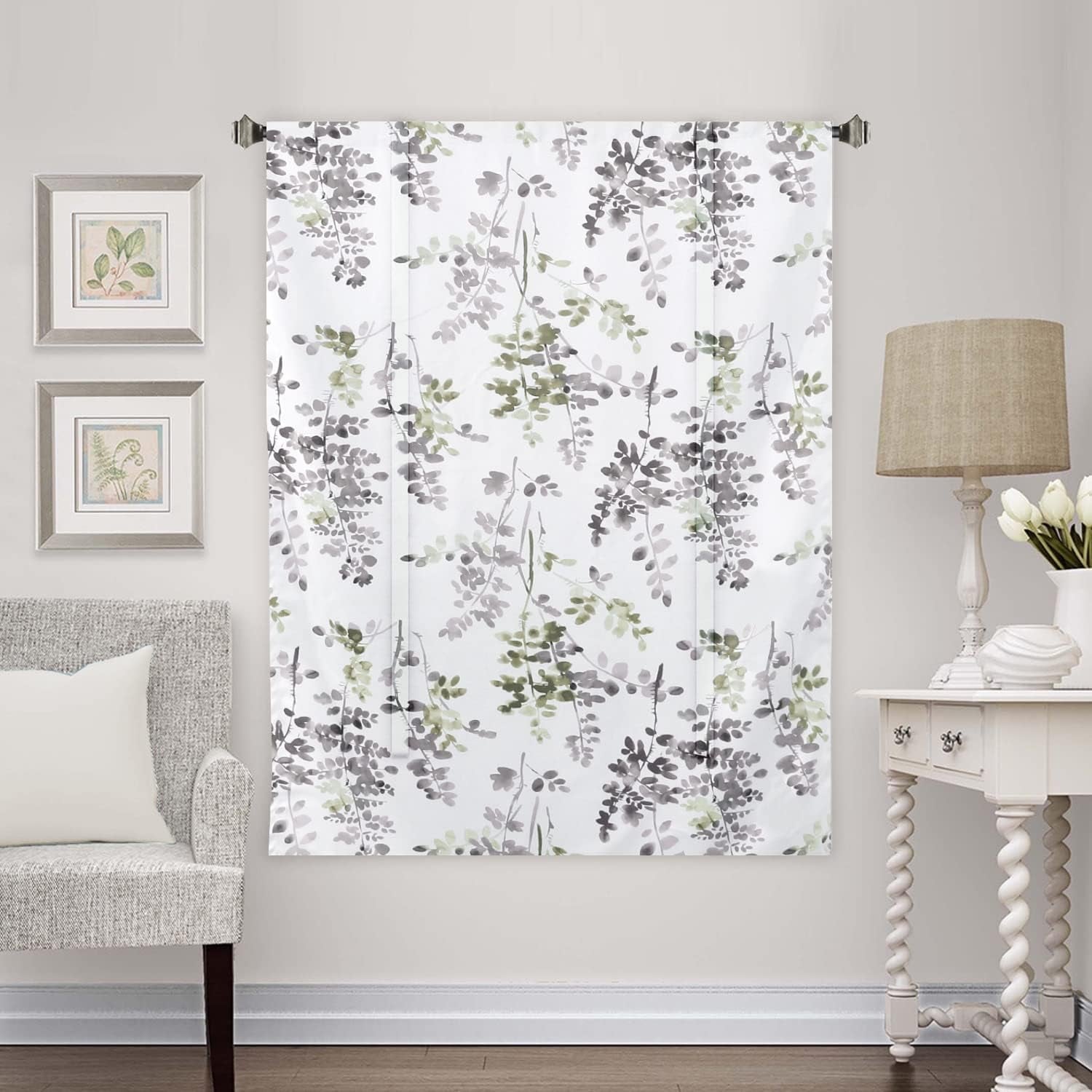 Blackout Tie up Curtain - Thermal Insulated Balloon for Small Window, Adjustable Kitchen Rod Pocket Panel (42" W X 45" L, Floral Pattern in Grey and Sage)