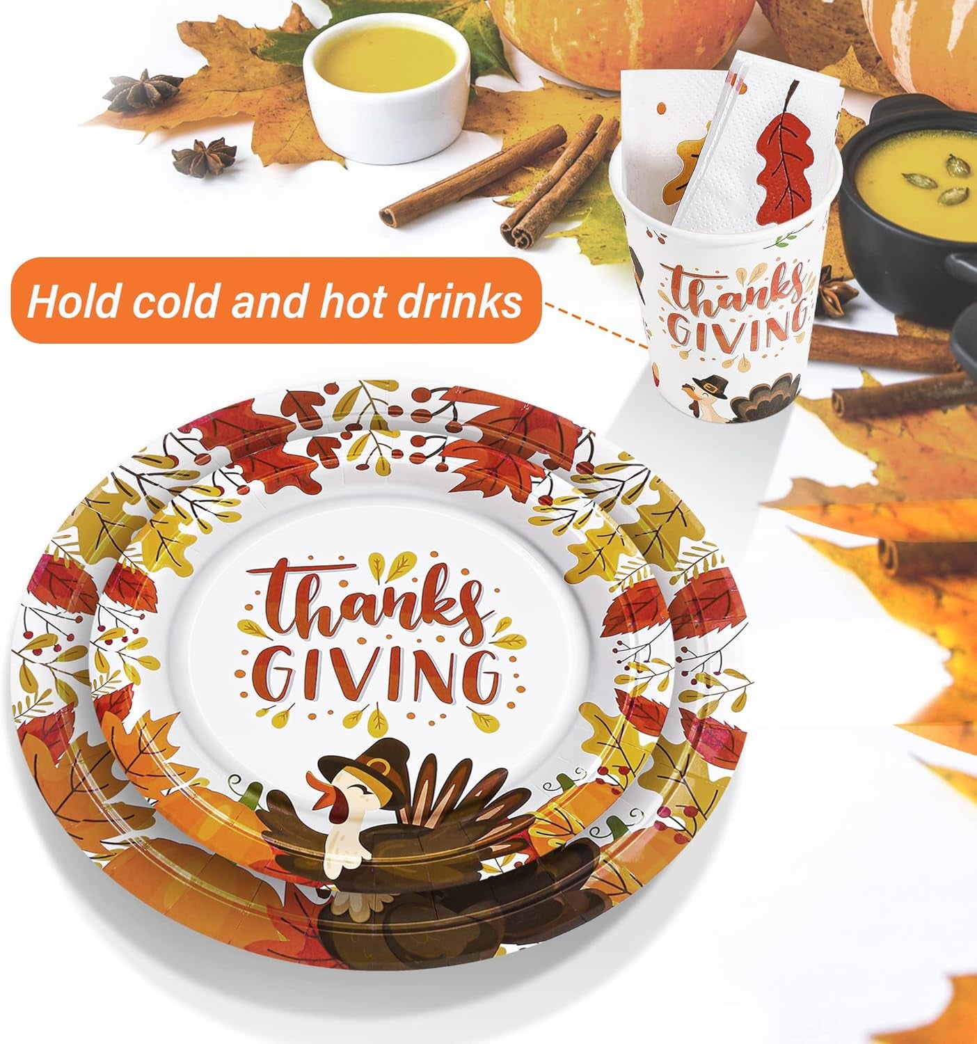 120 PCS Thanksgiving Paper Plates, Disposable Thanksgiving Plates and Cups Set, Heavy Duty Harvest Table Decorations, Fall Dinnerware Set for Holiday Decorations Themed Party Serve 30 Guests