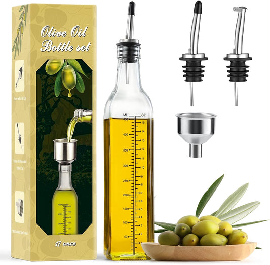 17Oz Glass Olive Oil Dispenser Bottle - 500Ml Clear -Oil & Vinegar Cruet with Pourers and Funnel - Olive Oil Carafe Decanter for Kitchen