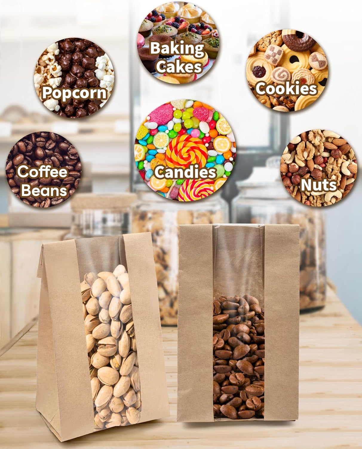 50 PCS Cookie Bags with Seal, 3.5"X 2.3"X7.5" Kraft Brown Paper Bags with Stickers, Bakery Bag for Snack, Cupcake, Coffee Bean, Party Favor, Cookie Packaging,