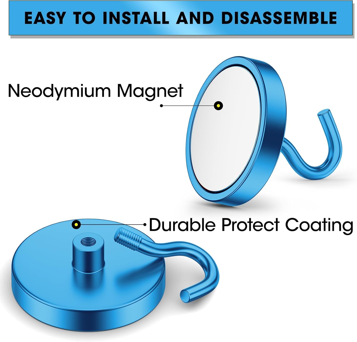 Heavy Duty Neodymium Magnetic Hooks - 10 Pack, 110 lbs Capacity, Rust-Proof Blue Magnets for Versatile Hanging Solutions in Kitchen, Garage, and Cruise Use