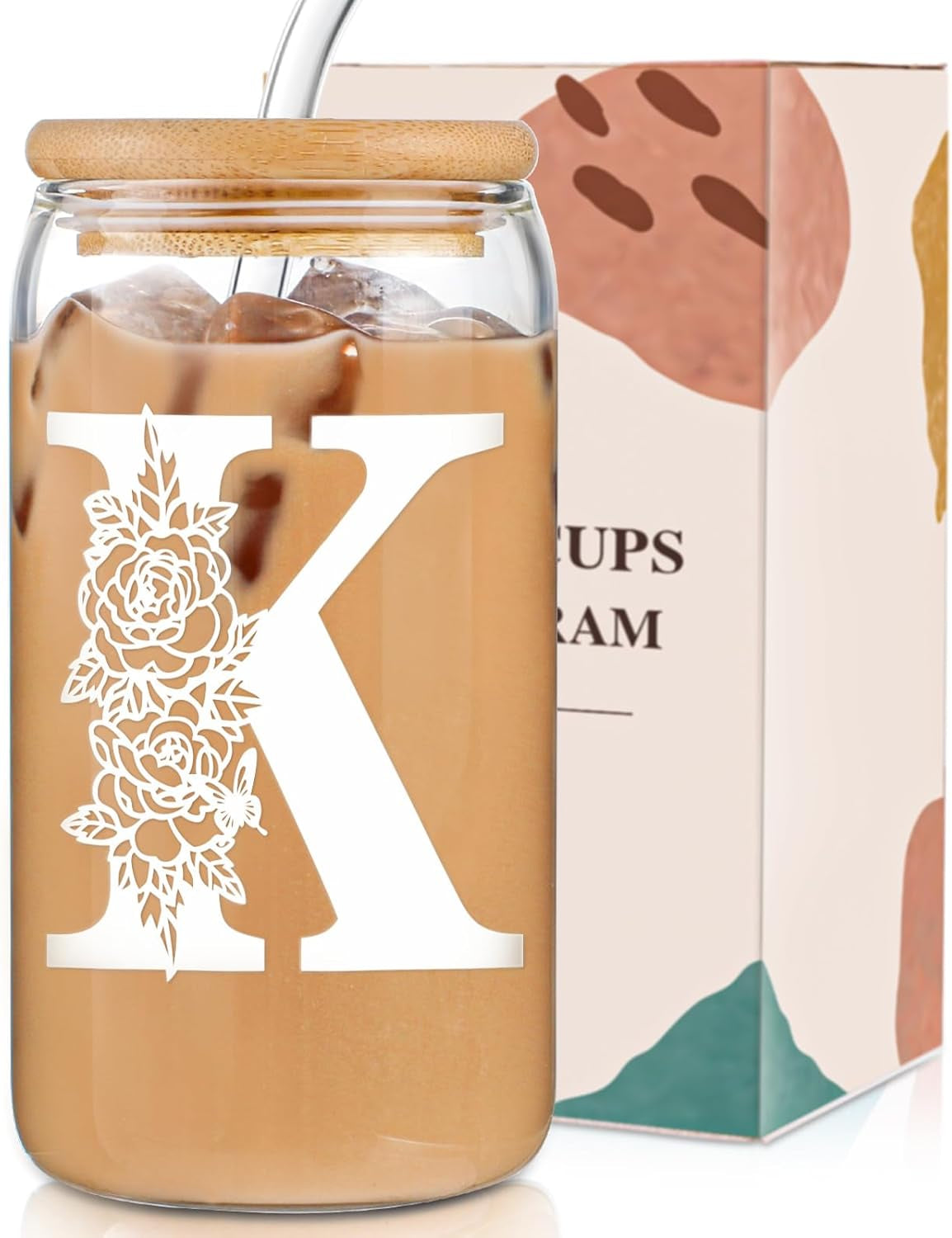 Gifts for Holidays,Birthday Gifts for Women,Personalized Initial Glass Cup as Iced Coffee Cups,Aesthetic Smoothie Cup Cute Beer Tumbler,16 Oz Glass Cups with Lids and Straws-K(1Psc)