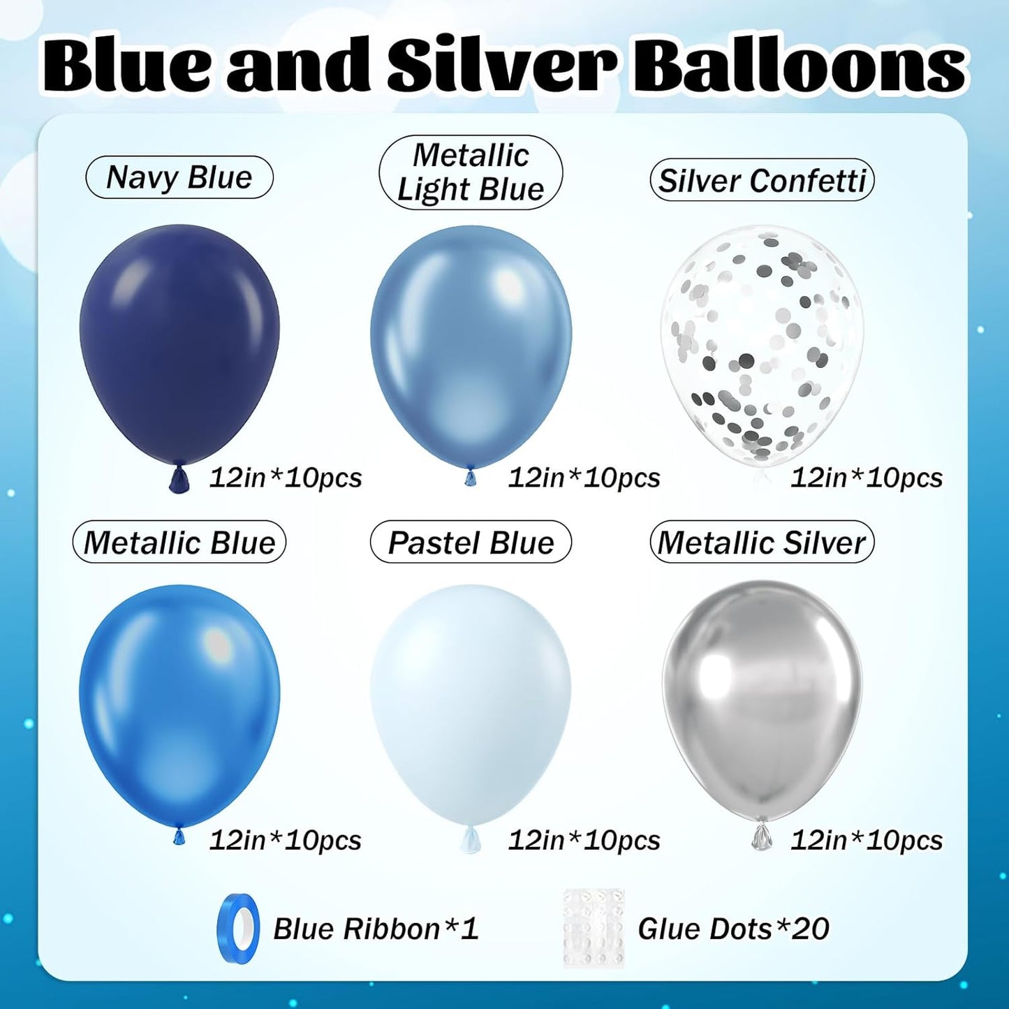 60Pcs Blue and Silver Balloons 12Inch with Navy Blue Pastel Blue Silver Confetti Balloons for Graduation Baby Shower Wedding Birthday Party Decorations