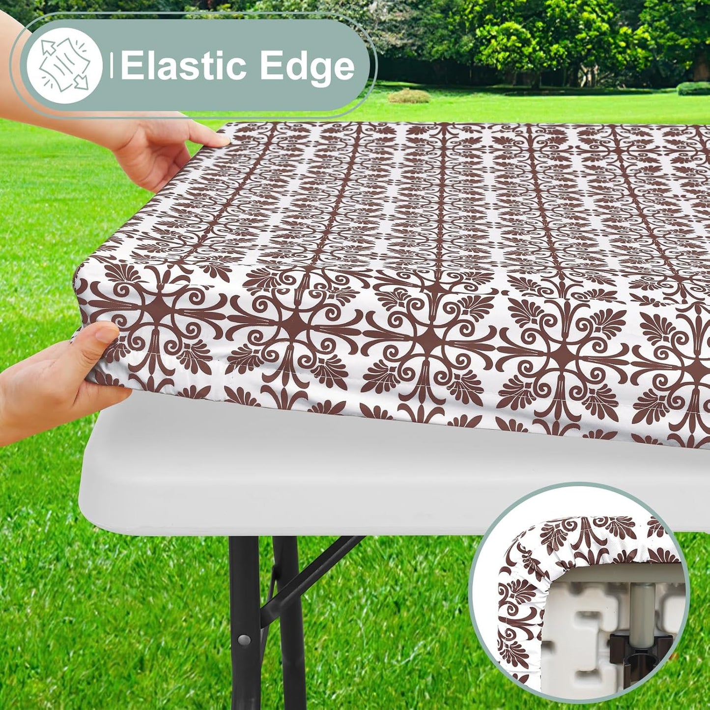 Rectangle Vinyl Table Cloth, Elastic Fitted Flannel Backed Tablecloth, 100% Waterproof Plastic Table Cover Fits 6 Foot Folding Tables for Picnic, Camping, Outdoor (Coffee, 30" X 72")