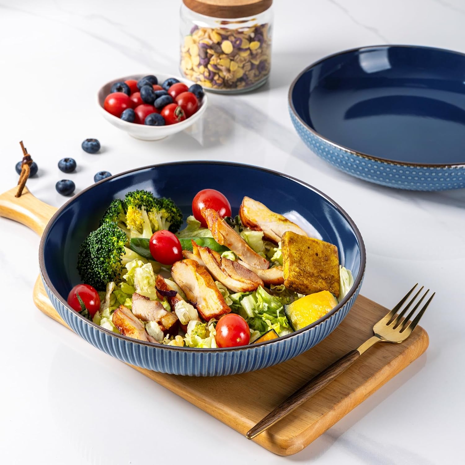 Large 9.5-Inch Stoneware Pasta Bowls, 42 Ounce Ceramic Serving Bowls with Textured Design for Salads, Fruits, Stews, and Noodles, Set of 4 in Moonlight Blue - Ideal Housewarming Gift