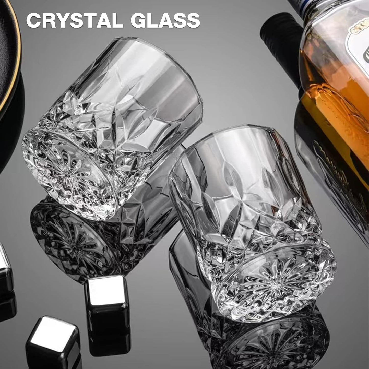 Old Fashioned Whiskey Glasses, Set of 4 (2 Crystal Bourbon Glasses, 2 round Big Ice Ball Molds) in Gift Box - 11 Oz Rocks Glass, Barware for Scotch Cocktail Rum Vodka Liquor, Gifts for Men