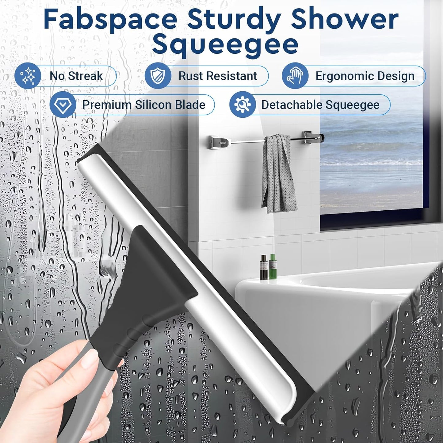 All-Purpose Silicone Shower Squeegee for Glass, Window, Door, Mirror, Car Windshield & Tile Wall, Portable Cleaner Tools, Includes One Hook & One Adhesive,10 Inches (Black)