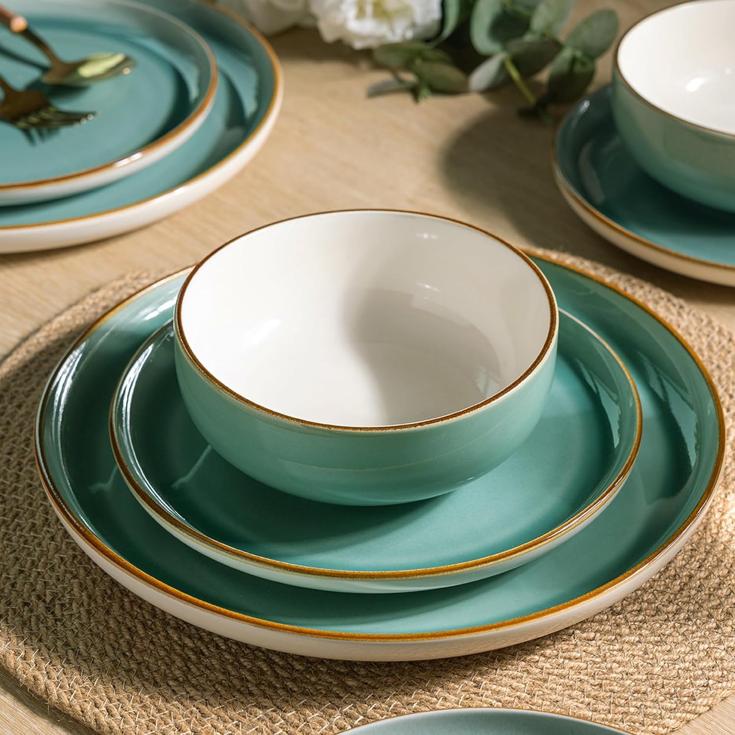 12-Piece Stoneware Dinnerware Set, Dishwasher and Microwave Safe, Service for 4