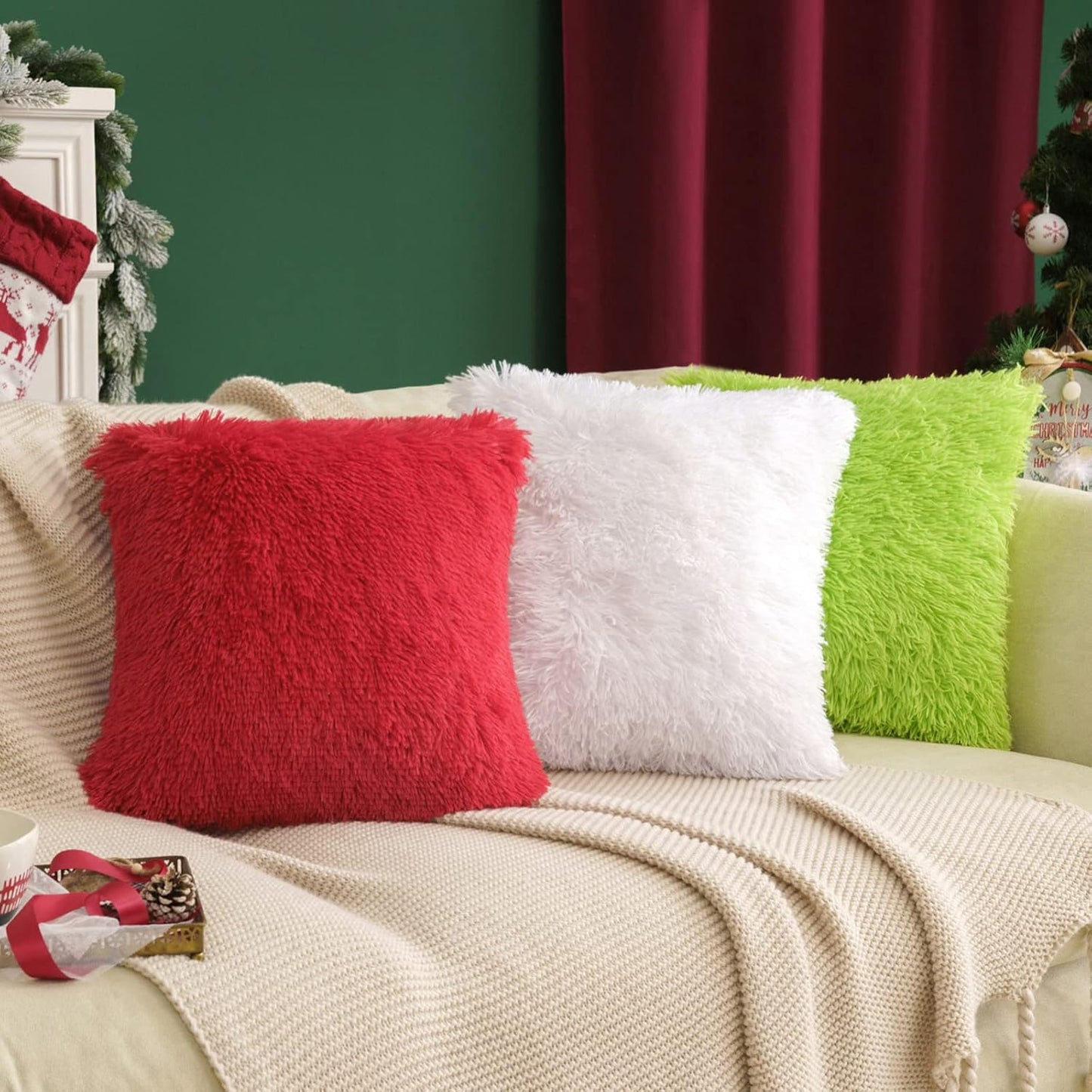 Pack of 2 Luxury Faux Fur Throw Pillow Cover Deluxe Winter Christmas Decorative Plush Pillow Case Cushion Cover Shell for Sofa Bedroom Car Spring 18X18 Inch Green