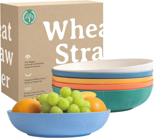 Wheat Straw 10-Inch Large Salad Bowls - Set of 6, Wide and Shallow, Microwave and Dishwasher Safe, Assorted Colors