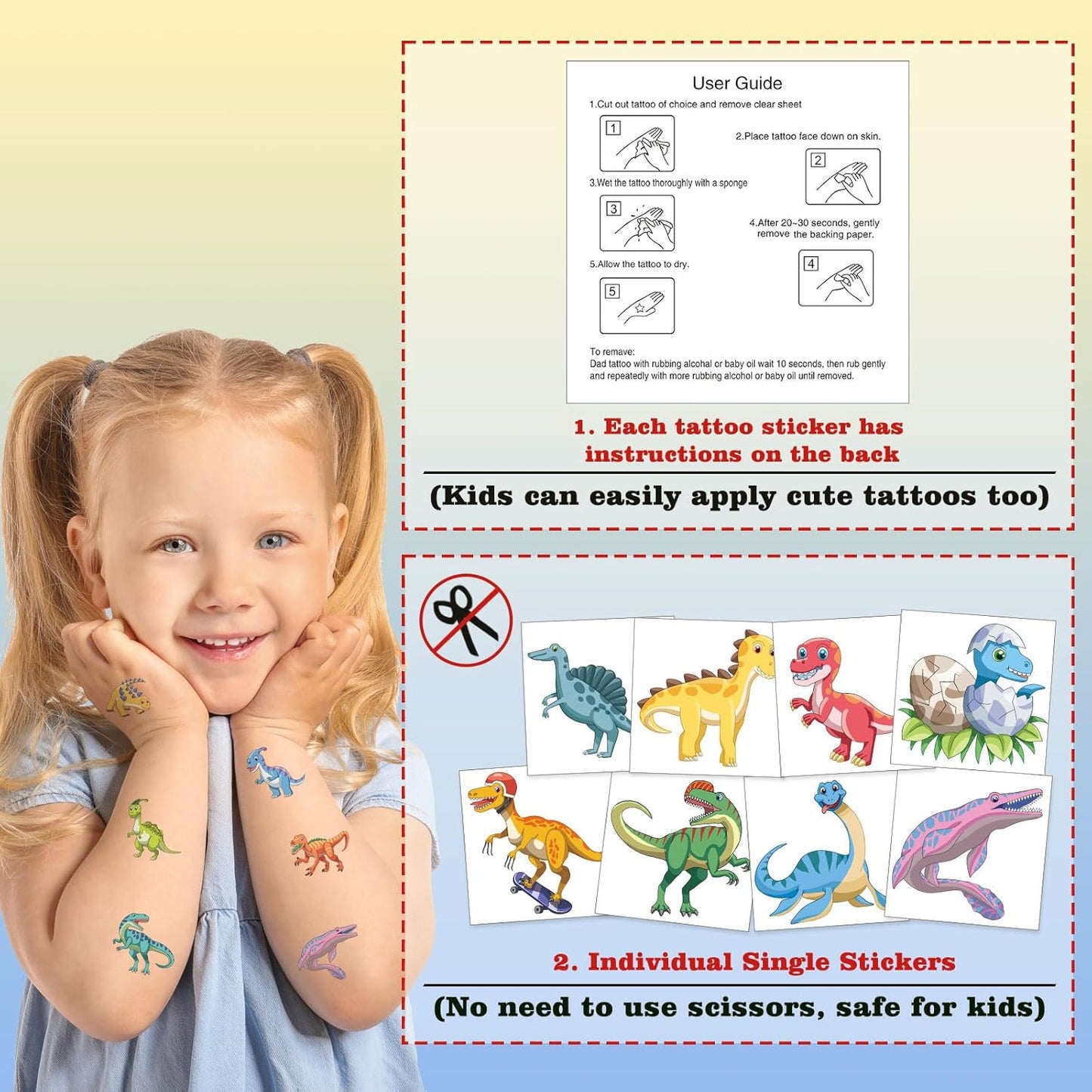 104 PCS Dinosaur Temporary Tattoos for Kids Party Supplies, Temp Tattoo Stickers for Kids Girls Boys Birthday Party Favors Activities