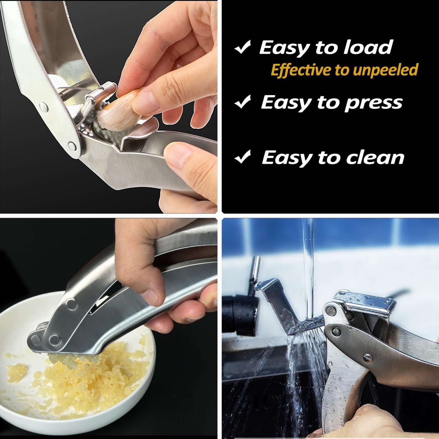 Premium Garlic Press Stainless Steel, No Need to Peel Garlic Presser, Heavy Duty Professional Grade Double Lever-Assisted Garlic Mincer with High Capacity Chamber- Easier Clean Garlic Crusher