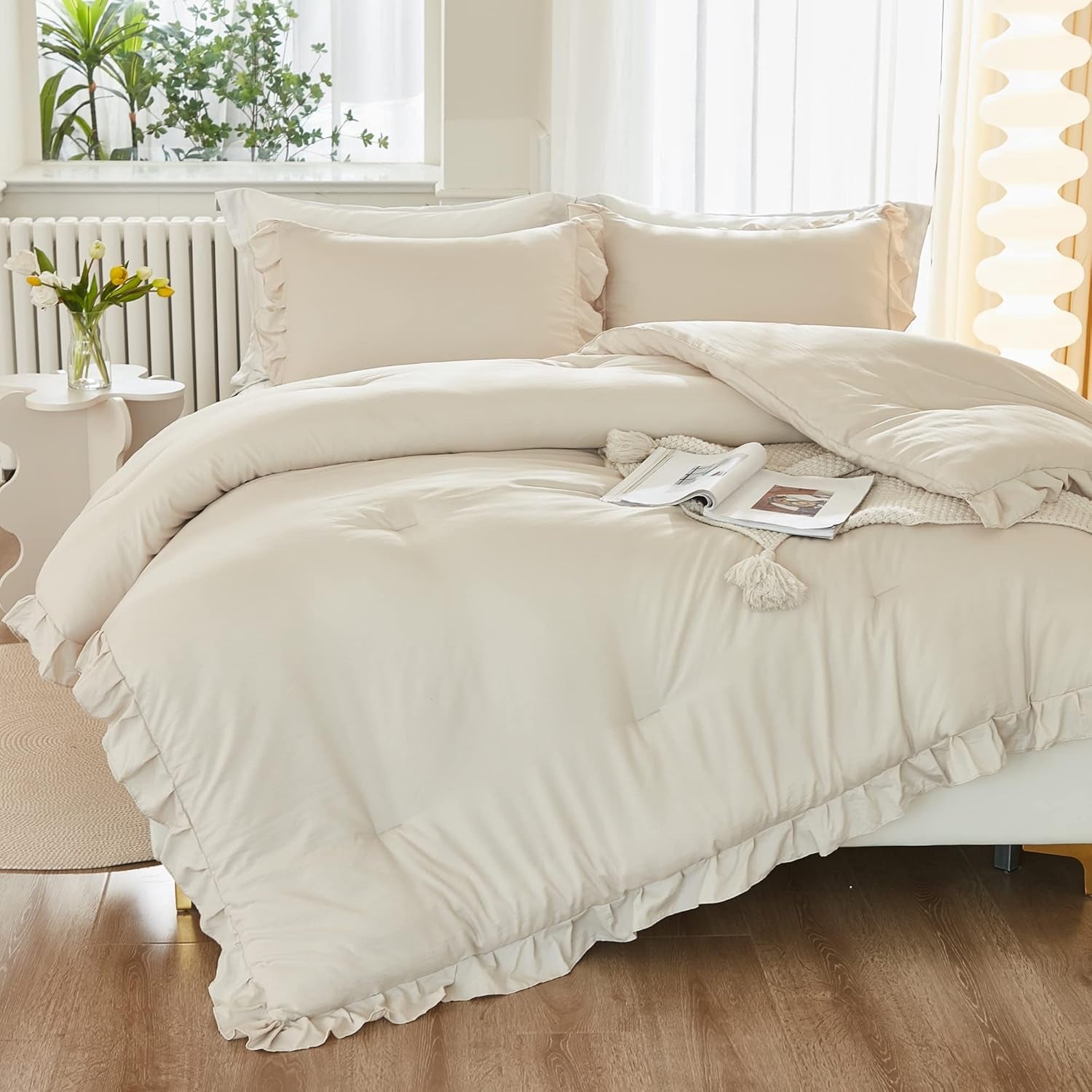 Comforter Full Size Set Beige, 3 Pieces Ruffle Lightweight Bedding Comforter Set, Fluffy Bed Set (79X90In Comforter, 2 Pillowcases)