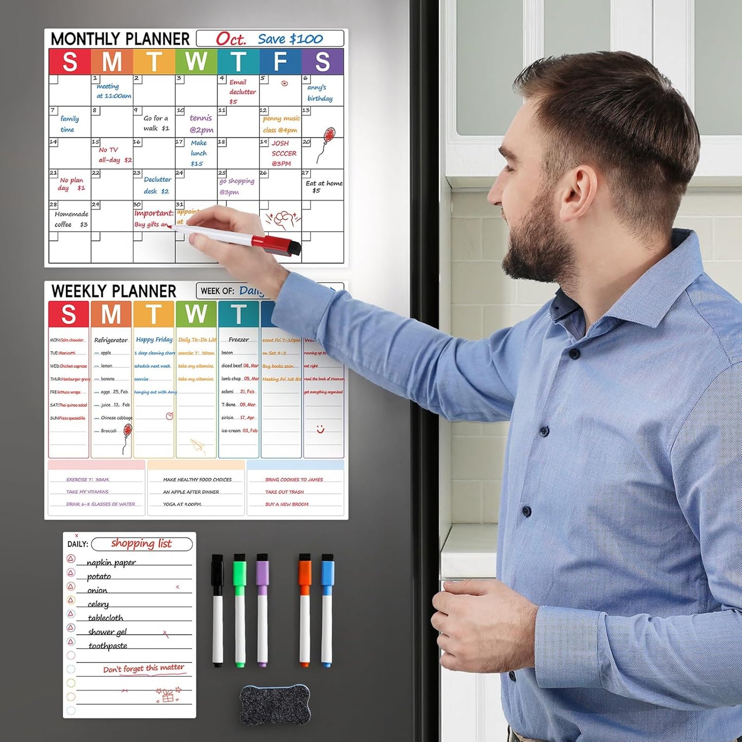 3 Pack Dry Erase Magnetic Calendar for Refrigerator - Monthly & Weekly & Daily Planner Magnet Whiteboard for Fridge Wall - Shopping, Meal/Menu, to Do List, Family Schedule Planning Board (9CO-3RIZH)