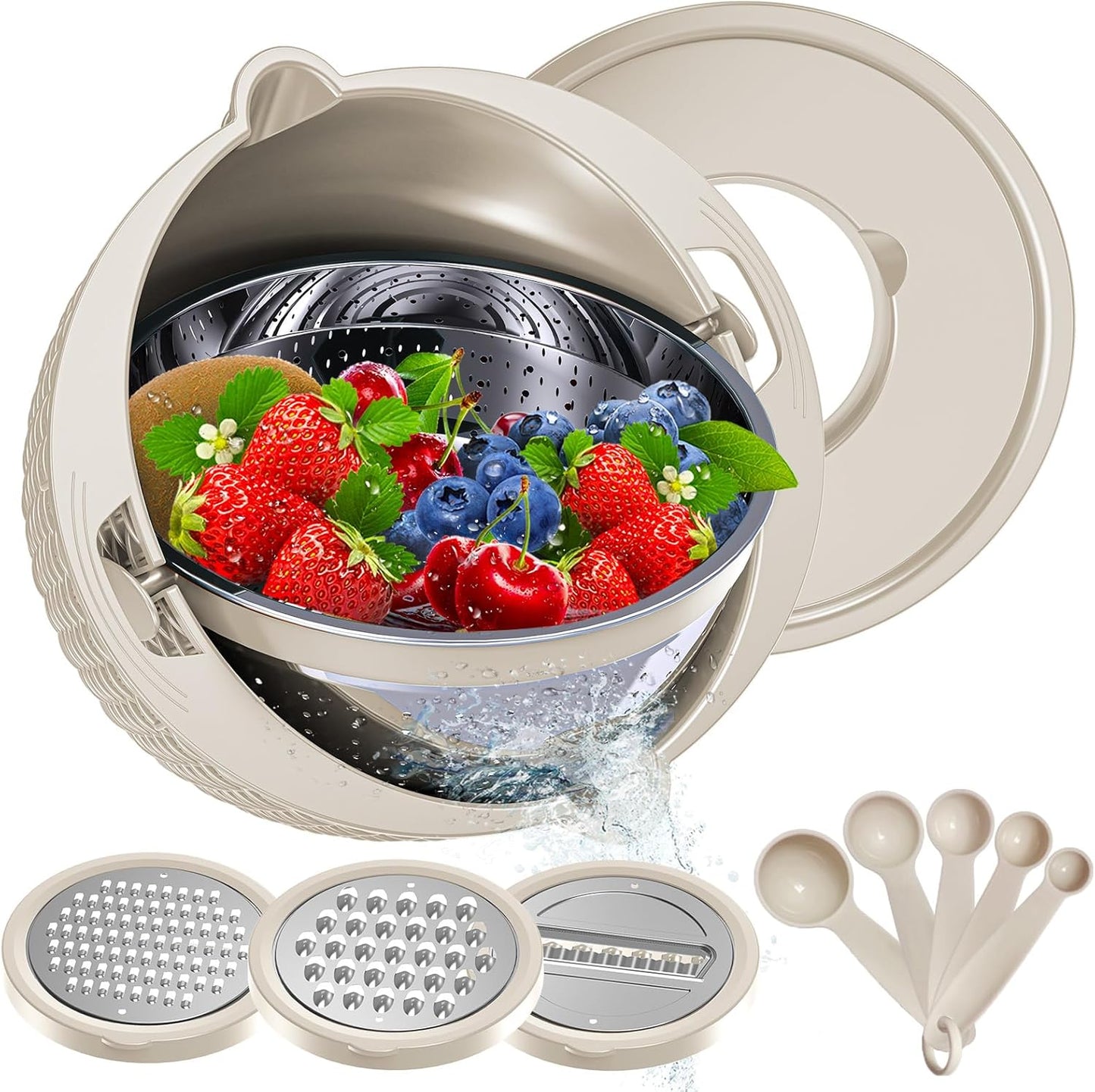4-in-1 Rotatable Colander and Bowl Set with Measuring Spoons - Aesthetic Food Strainers and Colanders for Kitchen Essentials - Beige