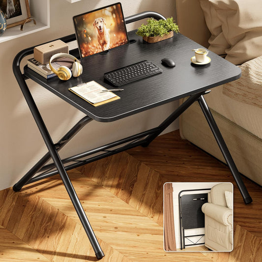 Adjustable Height Folding Desk with Tablet Slot, 24-Inch Space-Saving Computer Desk for Home Office, Bedroom, and Study, Black