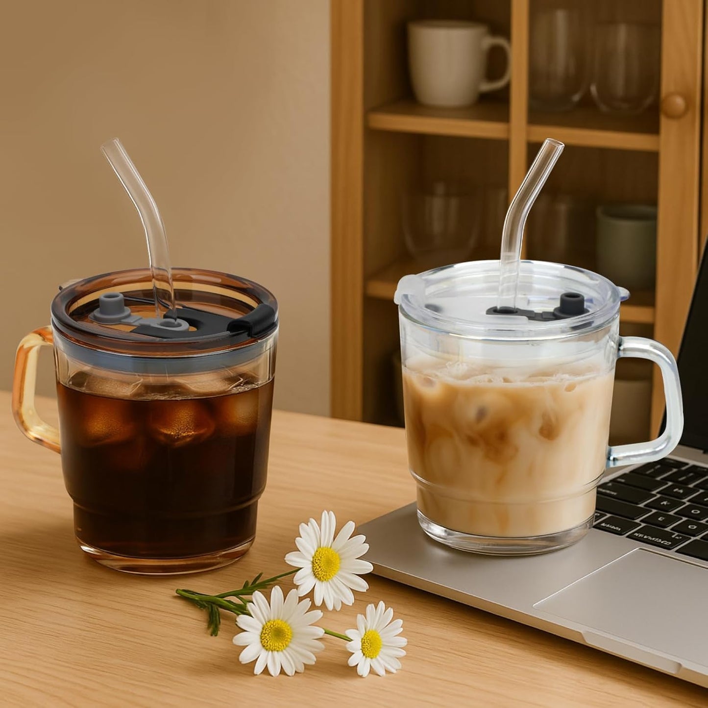 13Oz Tumbler Water Glass Cups with Lid and Straw, 2 Pack Reusable Iced Coffee Cups with Handle, Sealed Carry on for Iced Tea, Coffee, Bpa-Free Glass Tumblers for Home, Office, Party, Outdoor