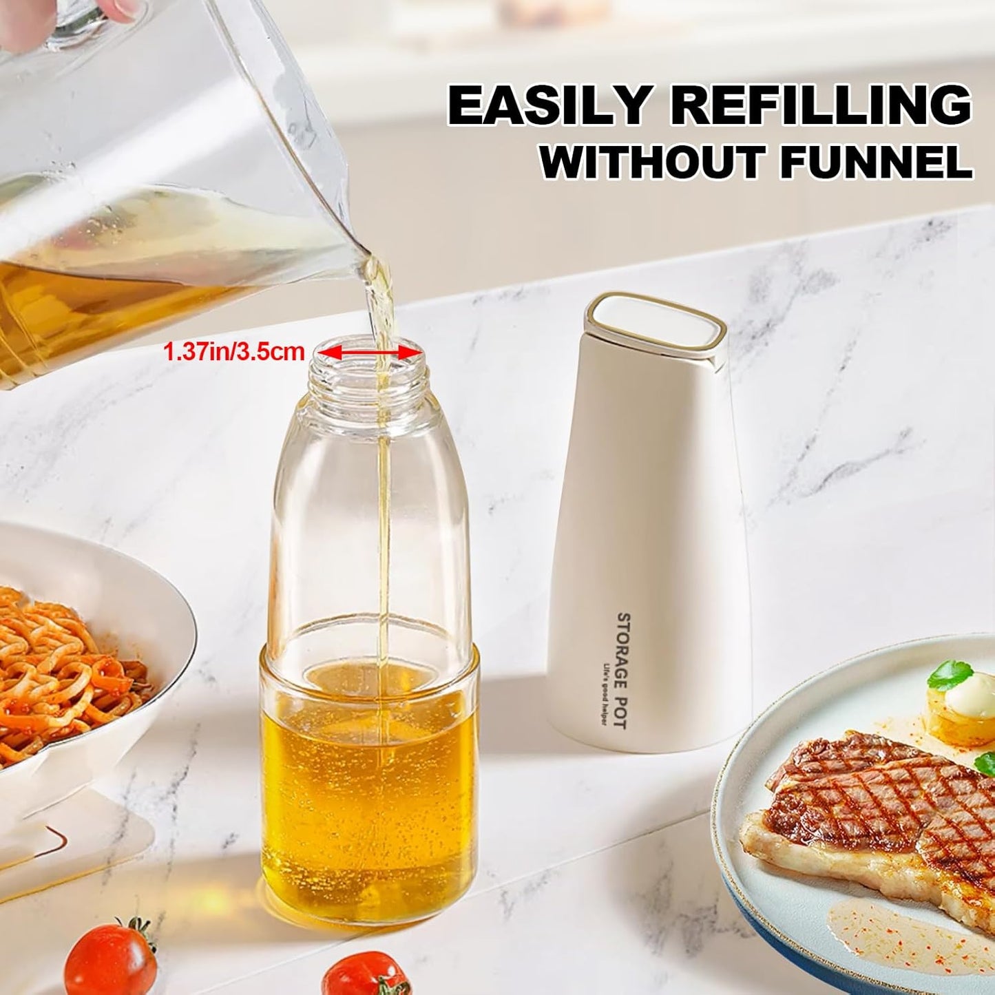 Large Capacity Olive Oil Dispenser - 500ml / 17oz Glass Vinegar Drizzler - Leak-Proof Non-Drip Soy Sauce Pourer with Labels (White)