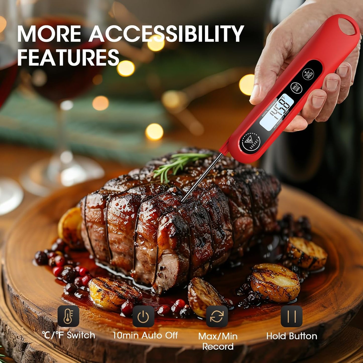 Digital Meat Thermometer, Instant Read Food Thermometer for Cooking, Kitchen Probe with Backlit, Cooking Temperature Probe for Turkey, Grill, BBQ, Baking, Bread, Sourdough