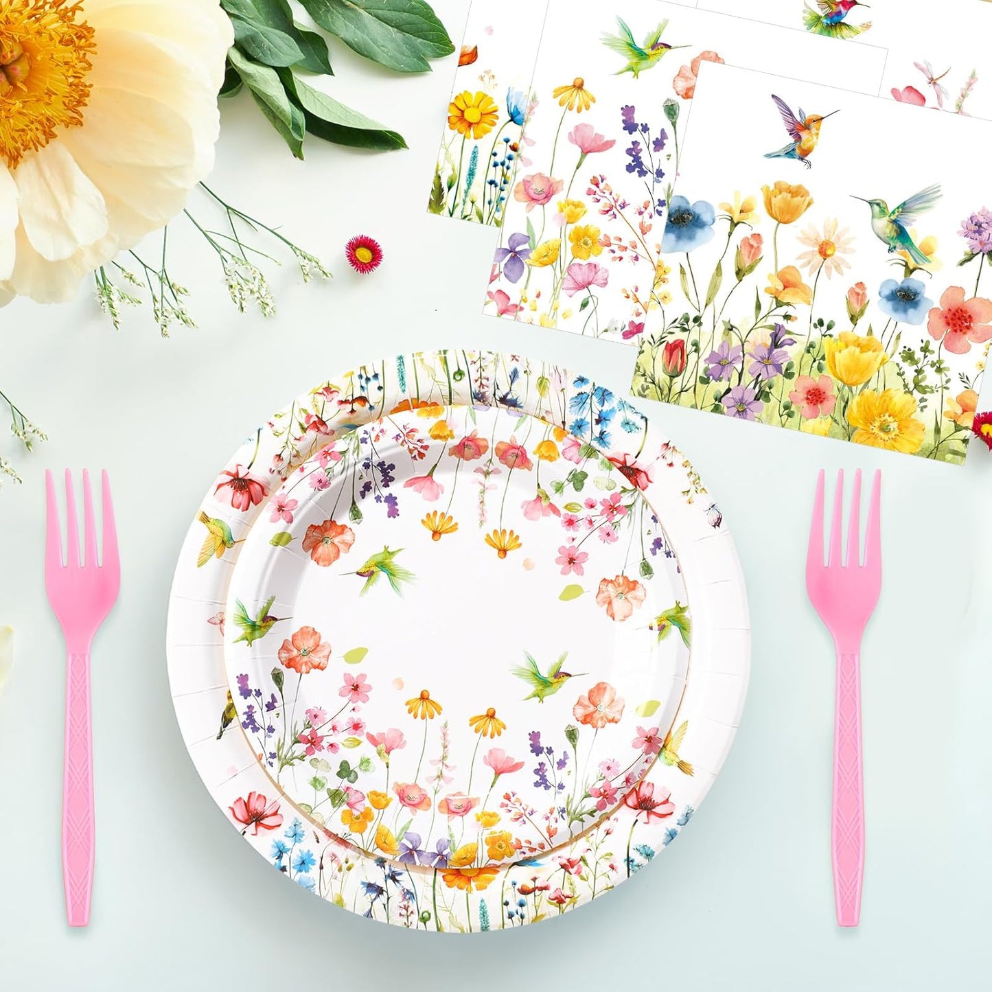 Wildflower Themed Party Supplies: 96 Disposable Paper Plates and Napkins for Baby Showers, Birthdays, and Seasonal Celebrations, Serving 24 Guests