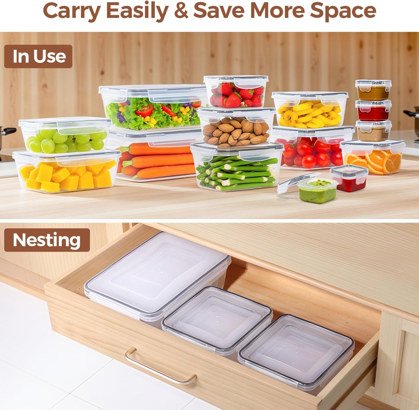 Food Storage Containers Set with Airtight Lids,Plastic Food Containers for Kitchen Storage and Organization, Leak Proof Meal Prep Container,Reusable Lunch Storage Set