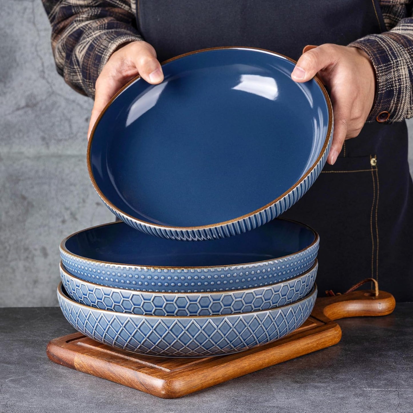 Large 9.5-Inch Stoneware Pasta Bowls, 42 Ounce Ceramic Serving Bowls with Textured Design for Salads, Fruits, Stews, and Noodles, Set of 4 in Moonlight Blue - Ideal Housewarming Gift