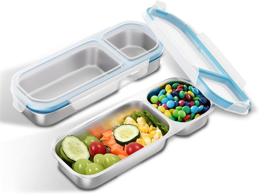 Stainless Steel Snack Containers for Kids Adults, 2 Pack 2 Compartment Metal Snack Containers Box with Lid, Reusable Food Storage Container, Leak Proof, Grab and Go, Blue