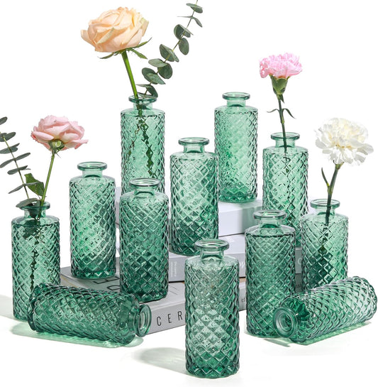Glass Bud Vases Set of 12, Small Diamond Bud Vases in Bulk, Mini Flowers Vases for Centerpieces, Vintage Decor Centerpiece for Table, Wedding Recepetion, Home, Gift (Green)