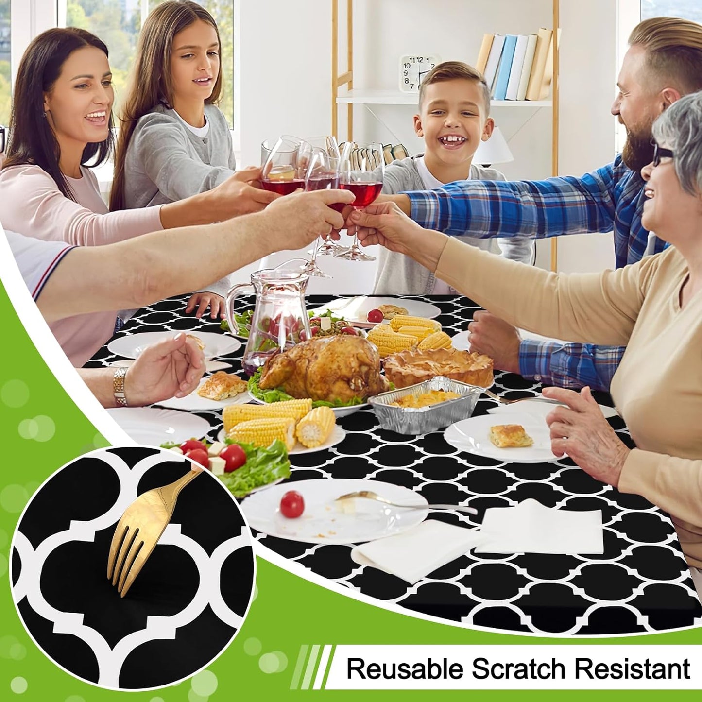 Rectangular Waterproof Vinyl Tablecloth with Flannel Backing, Wipeable and Spillproof for Indoor and Outdoor Use (60" x 84", Black)