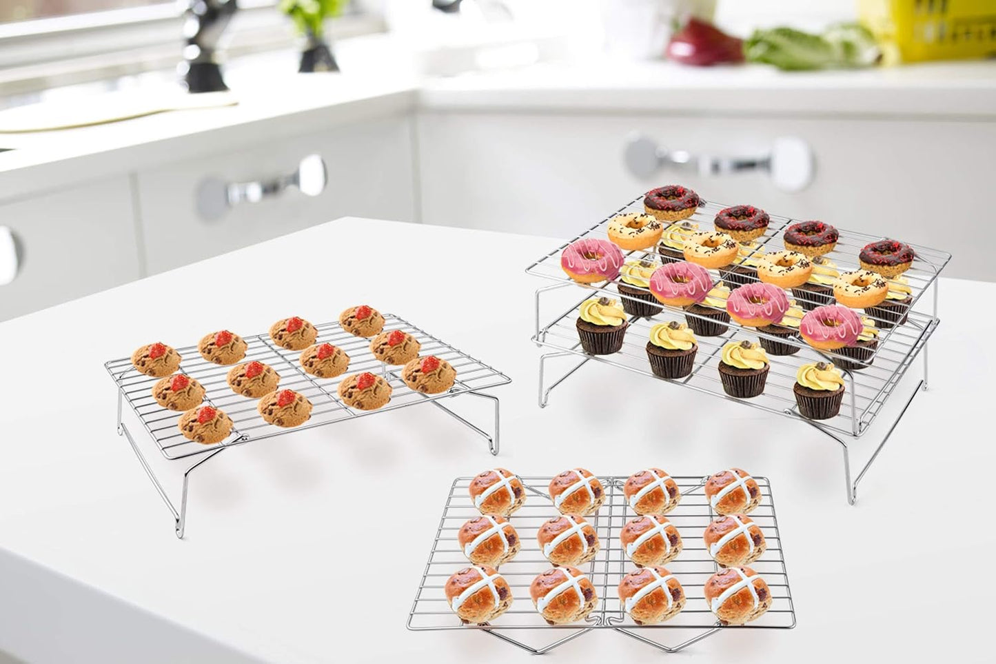 4-Tier Cooling Rack Set, Stainless Steel Stackable Baking Cooking Racks for Cooling Roasting Cooking, Raised & Folding Feet, Oven Safe & Easy Clean, 15" X 10", Silver