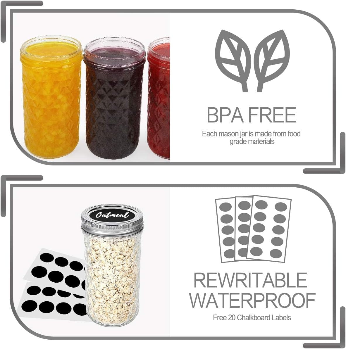 12 oz Mason Jars - 20 Pack Canning and Jelly Jars with Regular Lids for Jam, Honey, and Favor Packaging