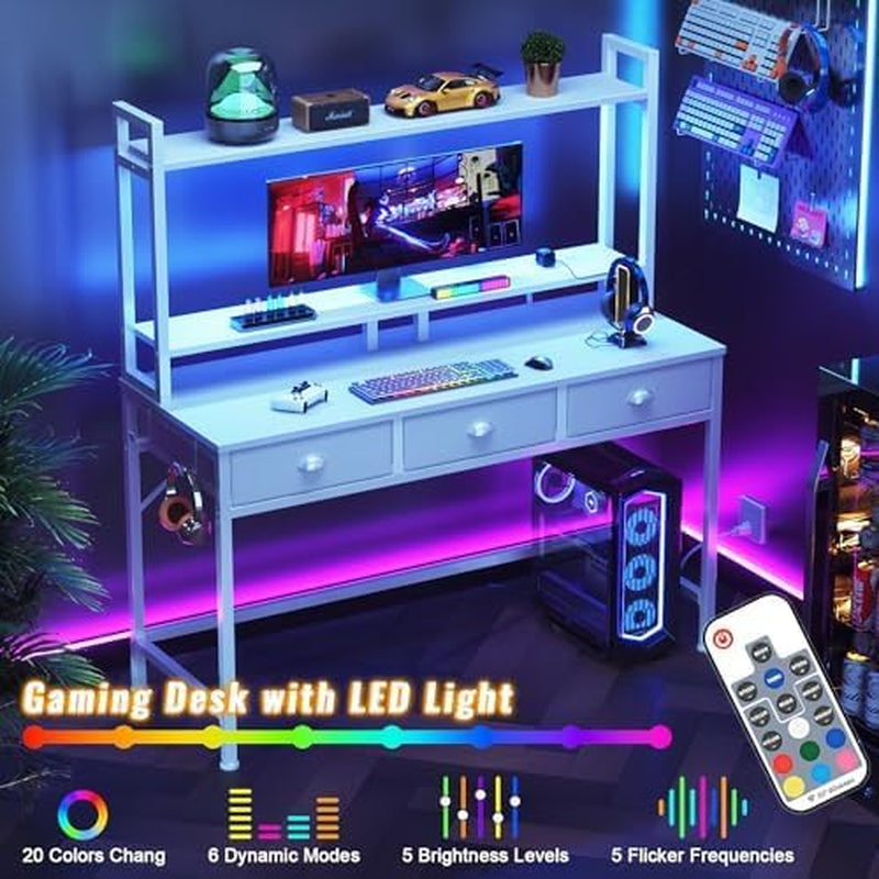 47'' White Computer Desk with 3 Drawers Hutch, LED Lights, Home Office Desks, Gaming Table with Monitor Stand, 2AC Power Outlets and 2 USB Ports, Modern Work Study Table for Bedroom