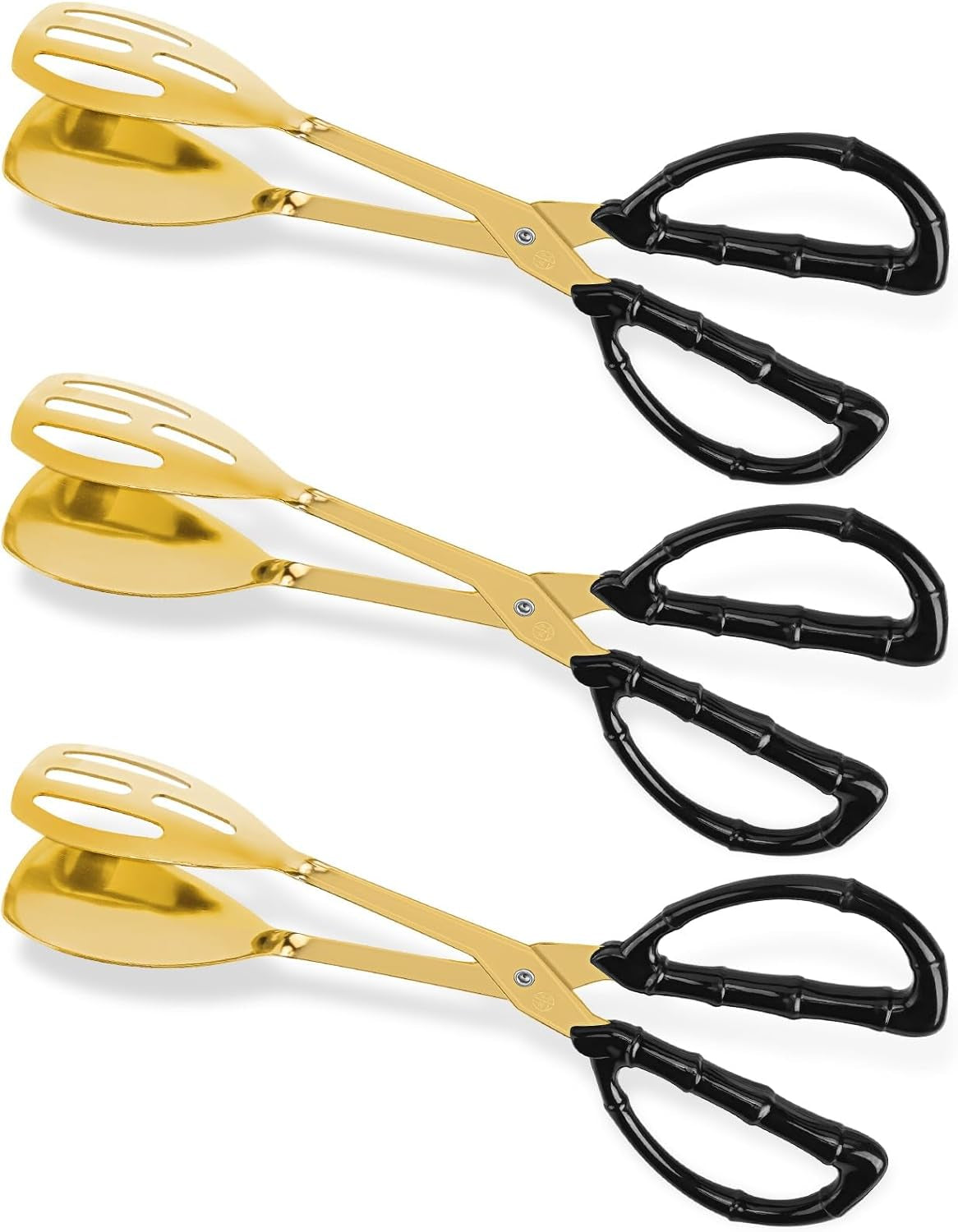 3-Pack Buffet Kitchen Tongs for Serving Food, 10 Inch Gold Stainless Steel Food Scissor Tongs with Non-Slip Handle, Catering Utensil for Bread Salad Cake Steak