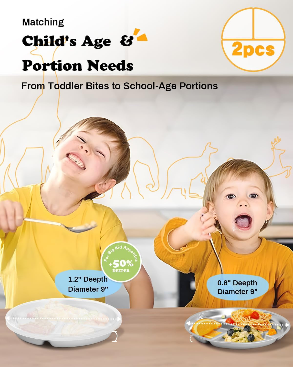 Stainless Steel Kids Plates with Lid 2 Packs, Deepened 9" Portion Control Plate Divided Plate for Adults Bariatric Weight Loss & Diabetic Diet, Non Toxic Unbreakable Toddlers Lunch Dishes