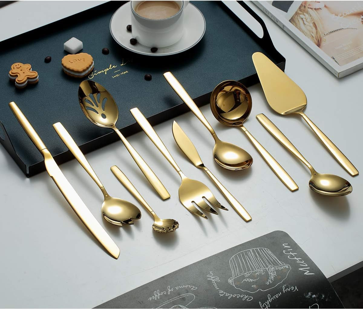 10-Piece Gold Serving Utensil Set with Titanium Plating, Including Cake Knife, Cake Server, Serving Forks, Sugar Spoon, Salad Spoon, Butter Knife, Gravy Ladle, and More