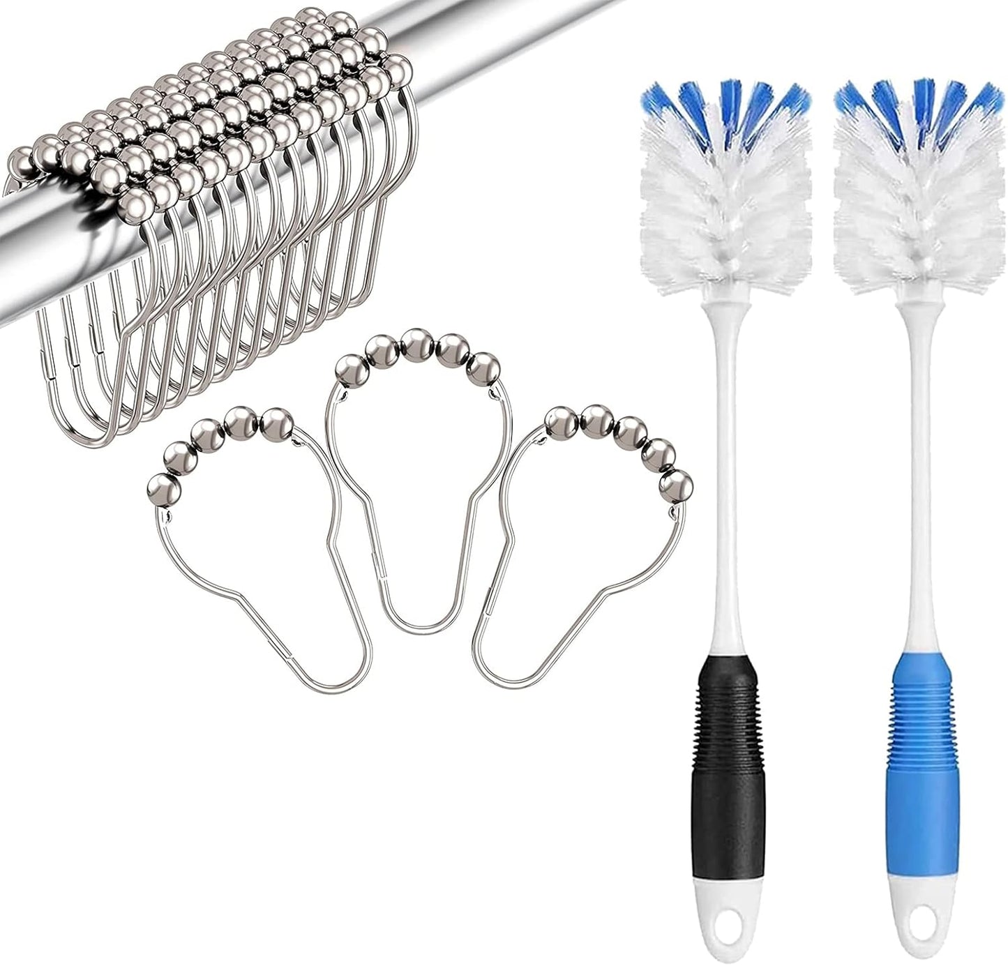 12 Pcs Shower Curtain Hooks and 2 Pack Bottle Cleaner Brushes