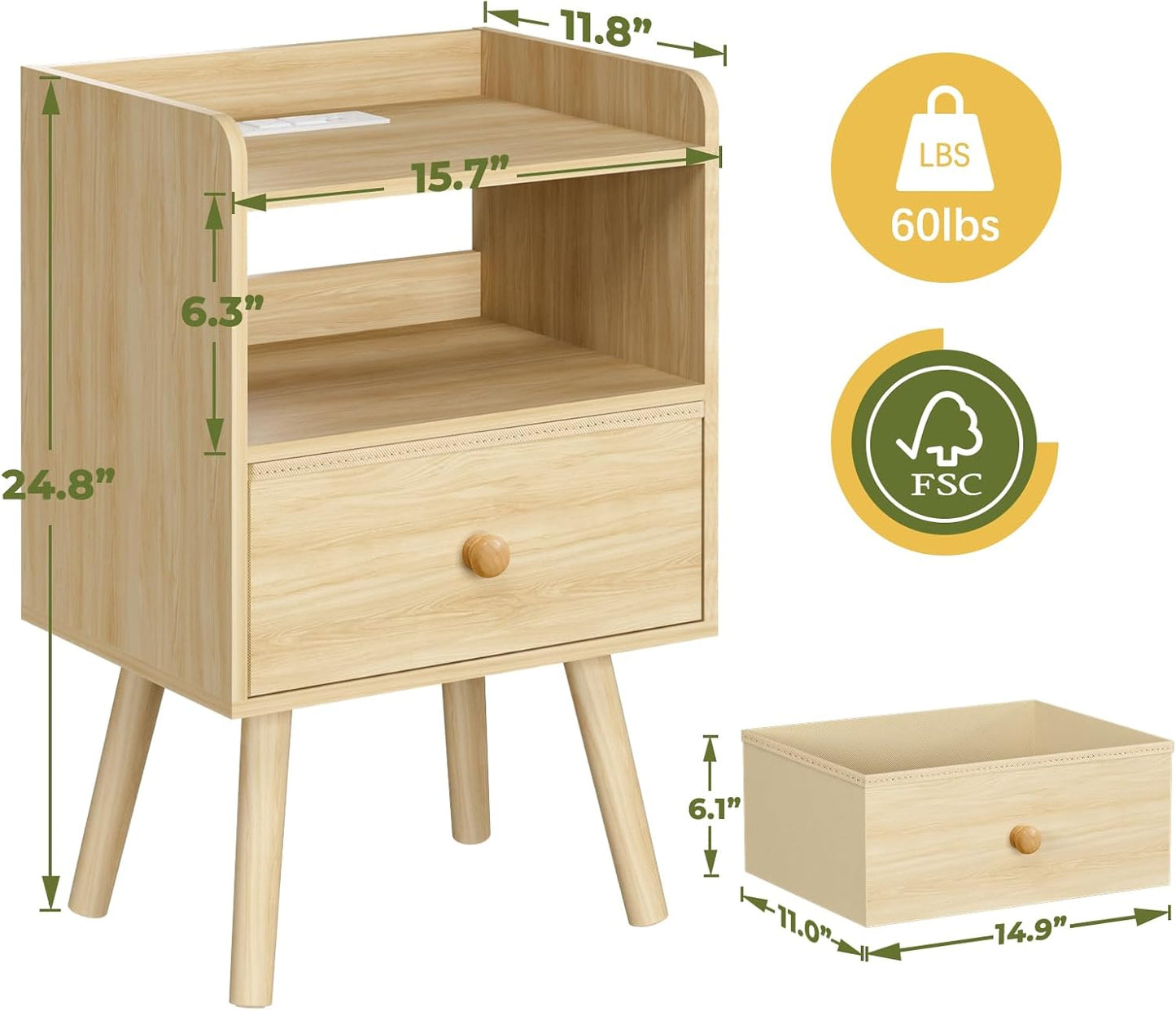 Nightstand with Charging Station, Modern Night Stand with LED Lights, Wood Nightstands with Fabric Drawer & Storage Shelf, Night Stands Bedside Table with USB Ports for Bedroom, Office, Home