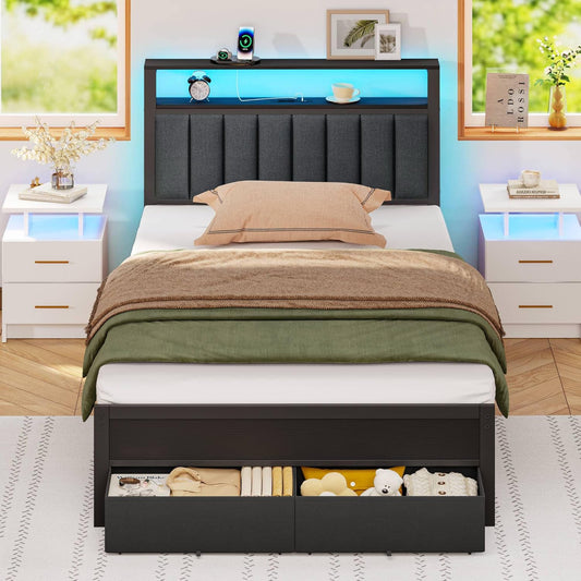 Twin Bed Frame with Integrated Charging Station and LED Lighting, Grey Upholstered Headboard with Shelving, Metal Platform Design featuring Under-Bed Storage Drawers on Wheels, No Box Spring Required