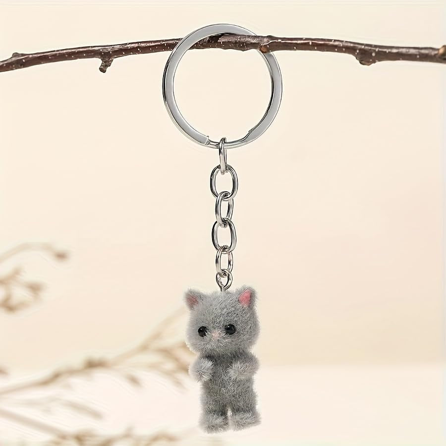 Cute Cat Keychain Fluffy Gray Kitten Animal Resin Key Chain Ring Purse Bag Backpack Charm Earbud Case Cover Accessories