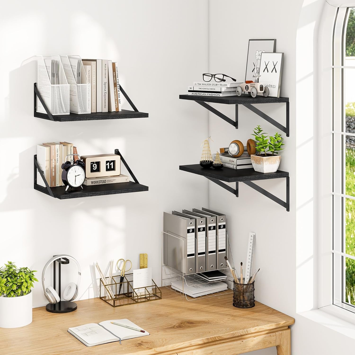 16W X 12D Wall Shelves, 12 Inch Deep Floating Shelves for Wall Set of 4, Wide Heavy Duty Wall Mounted Shelves, Black Floating Shelves for Living Room Bedroom Bathroom Kitchen