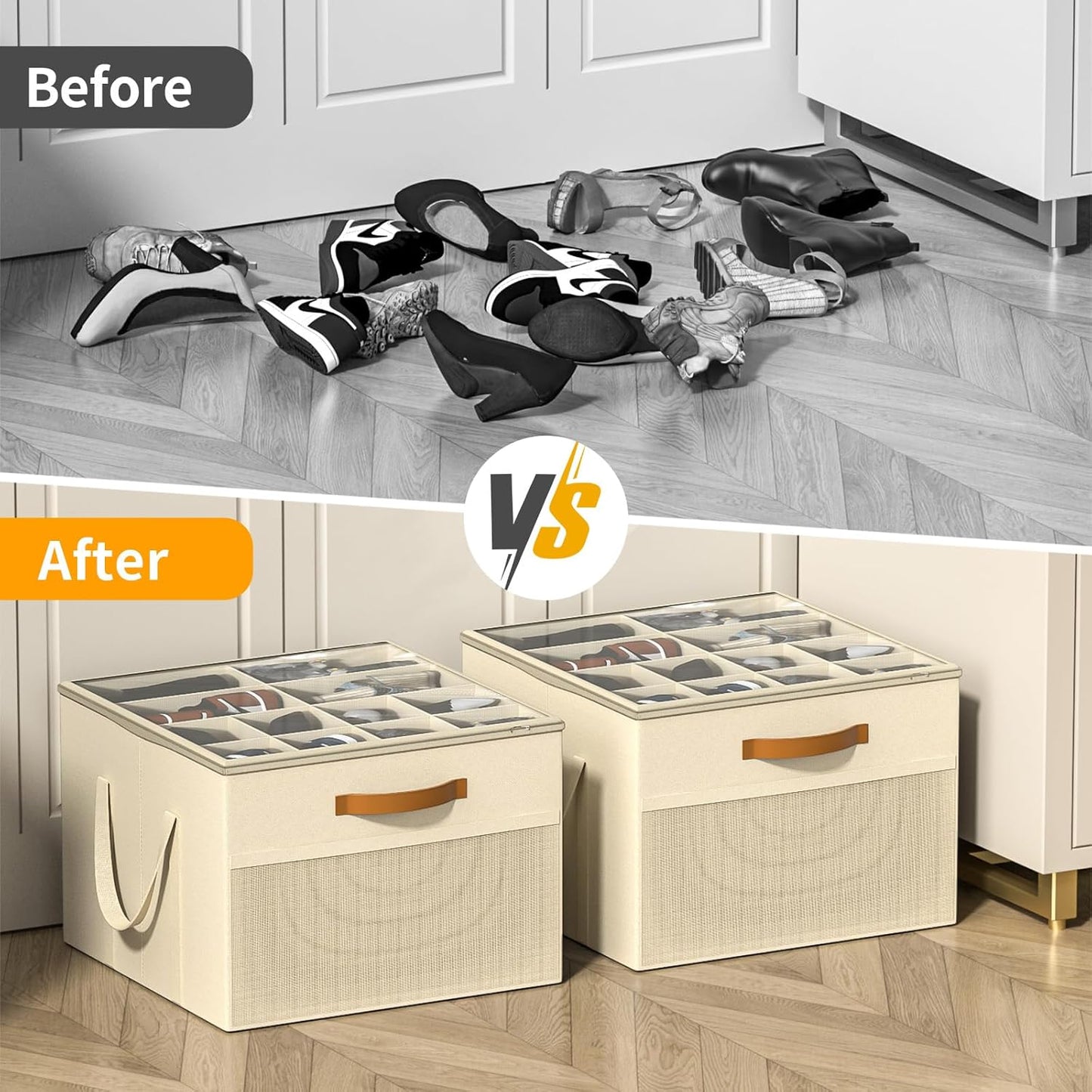Shoe Storage Organizer for Closet, Large Shoe Box Storage Containers with Clear Cover and Reinforced Handles, Foldable Shoe Storage Organizer Box Bin, Fits to 12-16 Pairs, 2 Pack (Beige)