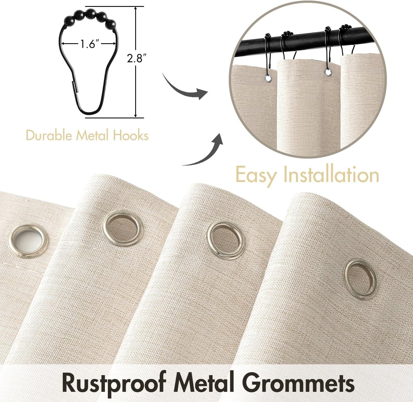 Linen Shower Curtain Set with 12 Metal Hooks - Modern Heavy-Duty Washable Beige Fabric, Waterproof and Durable, 72"x72", Cream