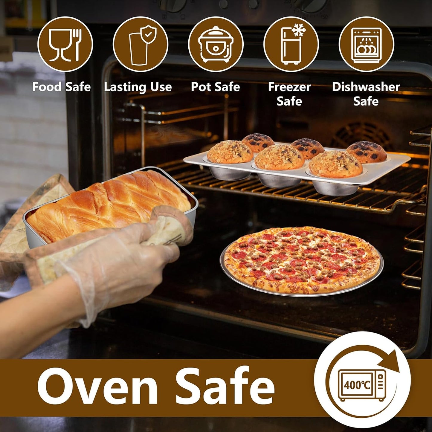 Stainless Steel Bakeware Set, 12-Piece Kitchen Baking Pans Set, Baking Sheet with Rack, Square Cake Pan with Lid, Lasagna Pan, Loaf Pan, Muffin Pan, Pizza Tray & 2 Covers, Easily Clean