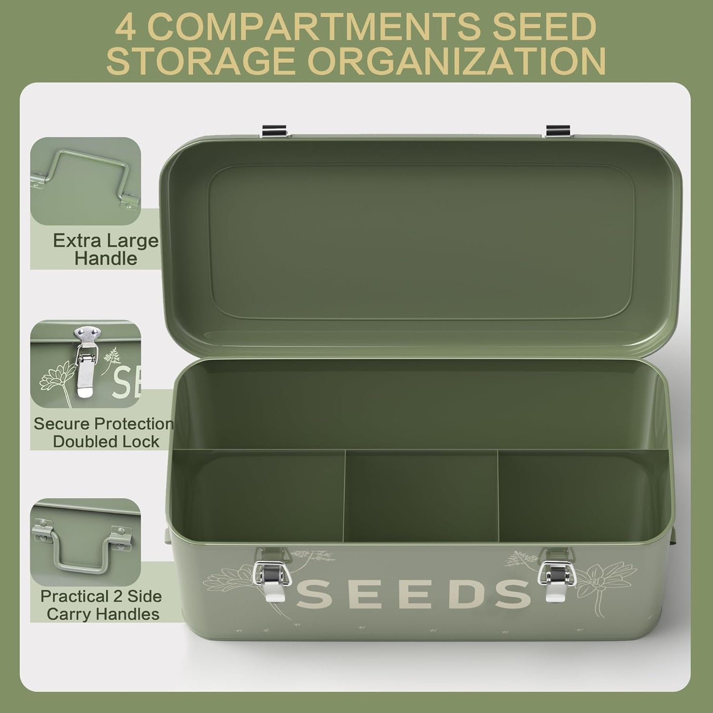 Metal Seed Storage Organizer with Lid, Includes 30 Plant Labels, 30 Seed Envelopes, and Marker Pen, Four-Compartment Design with Safety Locks, Blackish Green