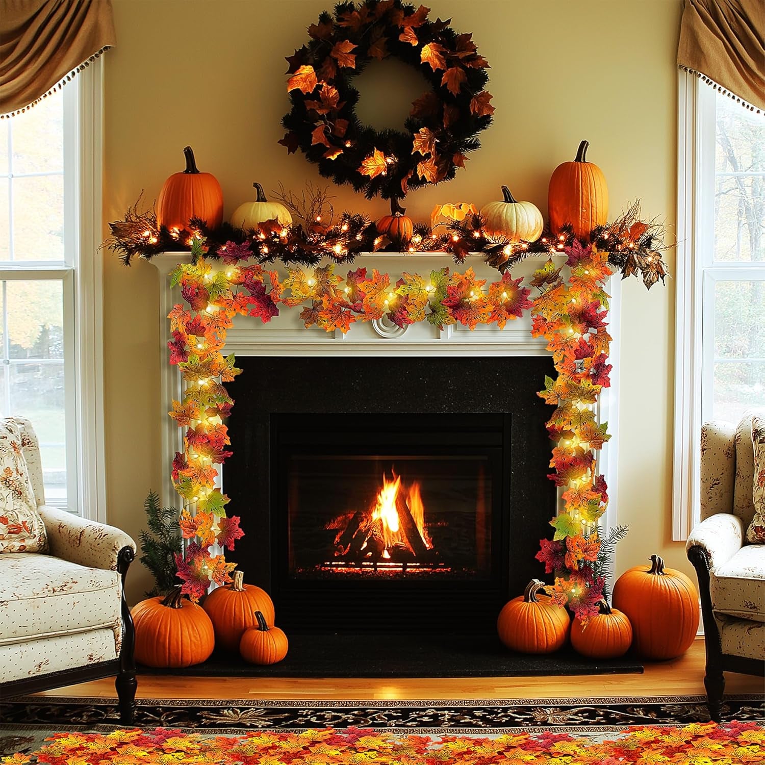2 Pack Fall Garland with Lights for Fall Decor, Total 20FT 60 LED Battery Operated Autumn Lighted Fall Garland, Fall Lights Decorations for Home Thanksgiving Halloween Indoor Outdoors