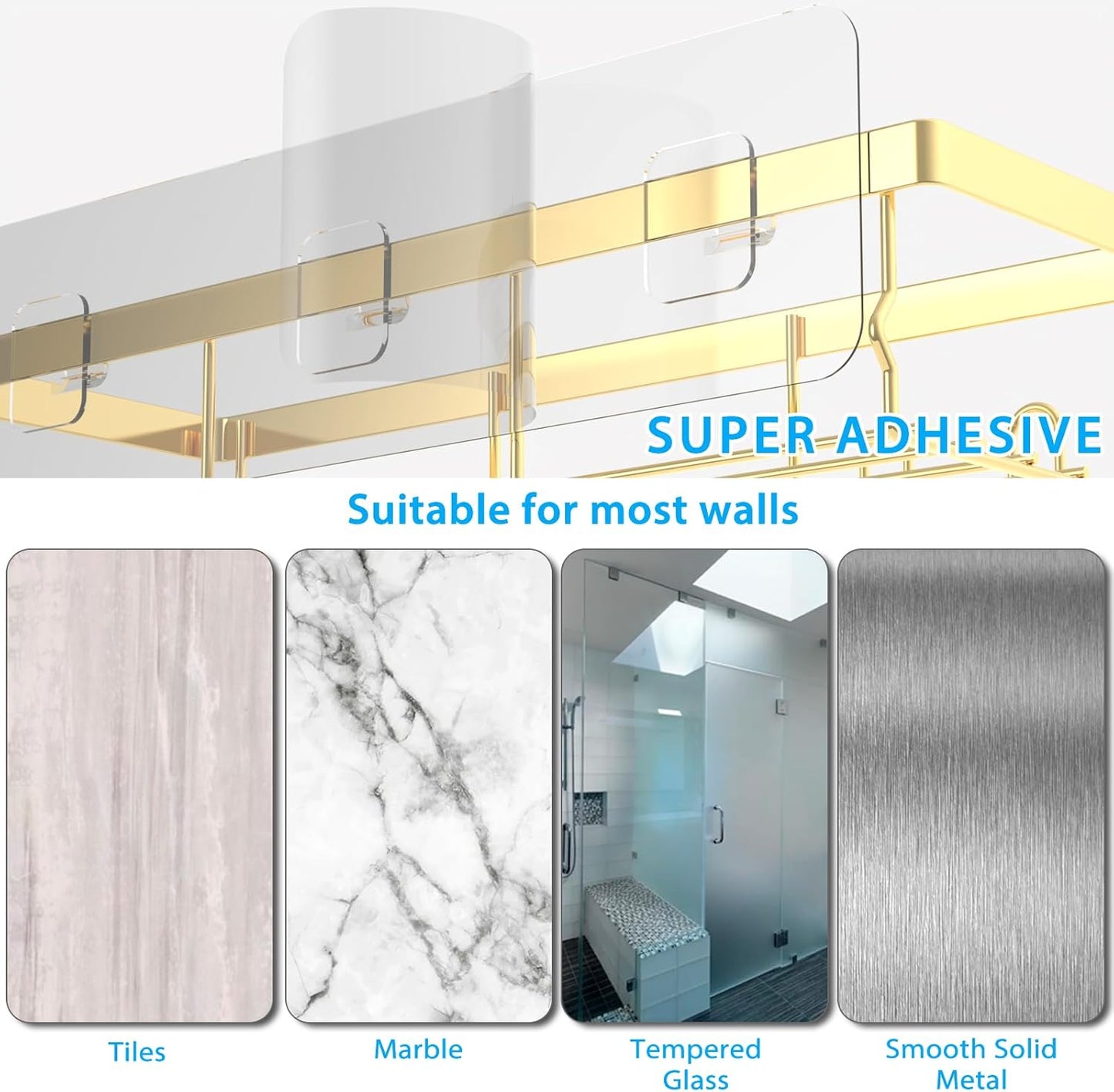 3-Pack Shower Caddy Basket Shelf with Soap Holder, No Drilling Traceless Adhesive Shower Wall Shelves, Rustproof Gold Bathroom Shower Storage Organizer