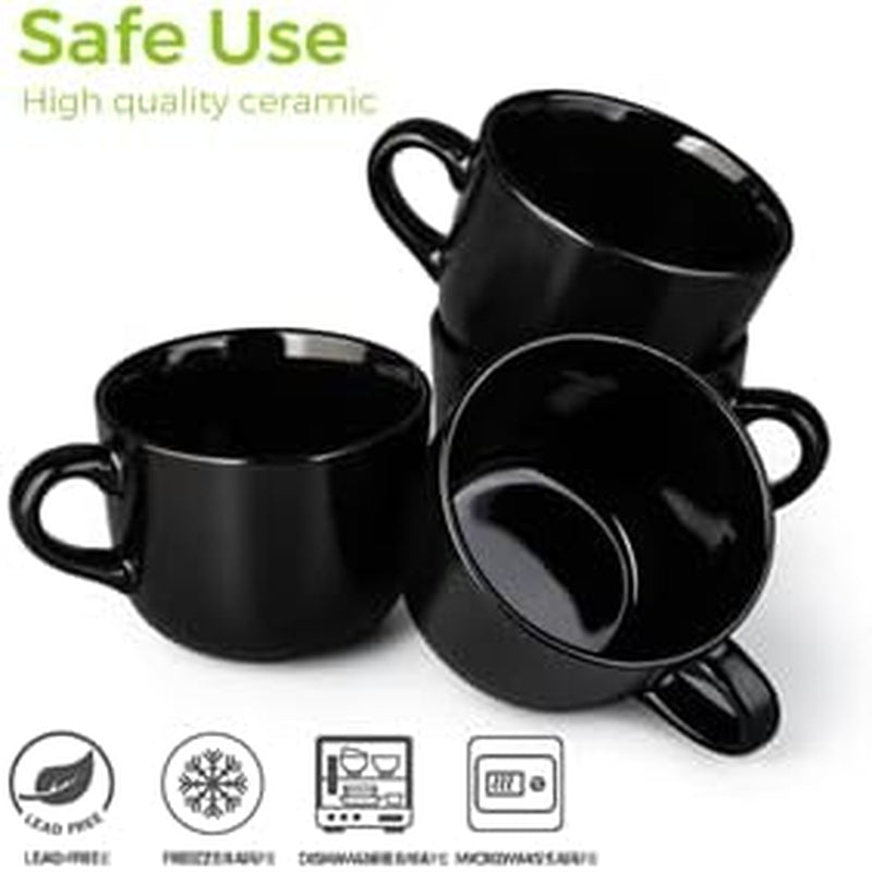 Ceramic Soup Mugs with Vented Lids, 24 Oz Capacity, Set of 4 - Versatile Cups for Coffee, Cereal, Salad, Noodles, Tea, and Soup, Microwave and Dishwasher Safe, Black