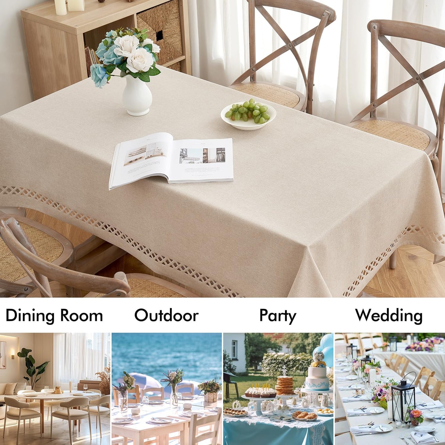 Natural Thick Polyester Rectangle Tablecloth with Decorative Cutouts Waterproof Stain Resistant Table Cloth Farmhouse Table Cover for Thanksgiving Dining Party Camping, 52 X 70 Inch