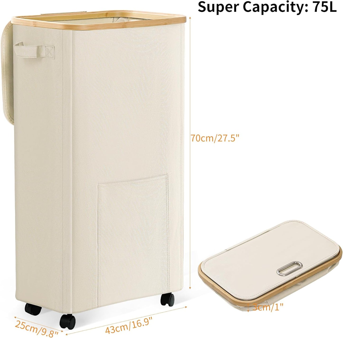 Laundry Basket with Wheels, Dirty Clothes Hamper on Wheels, Rolling Tall Laundry Hamper with Lid for Laundry Room, Dorm and Bathroom, 75L Beige