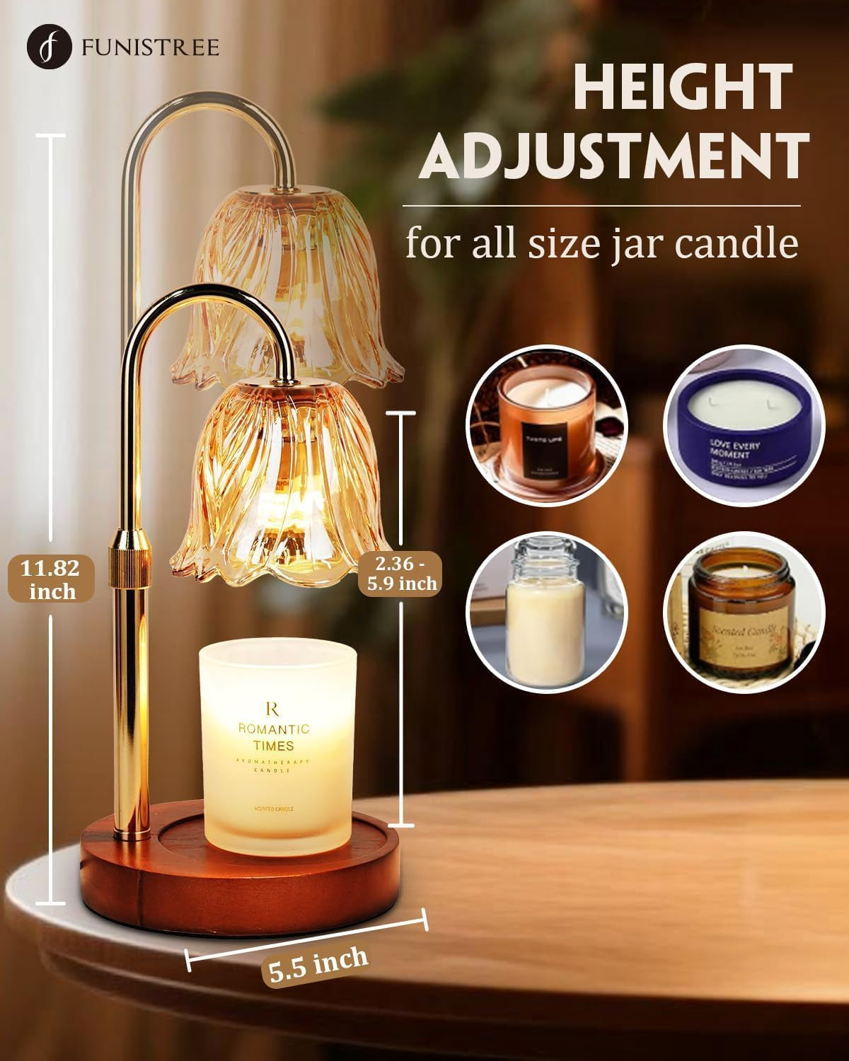 Candle Warmer Lamp, Gold Candle Lamp Warmer with Timer & Dimmer with 2 Bulbs, Birthday Gifts for Women Mom, House Warming Gifts New Home Bedroom Decor, Height Adjustable